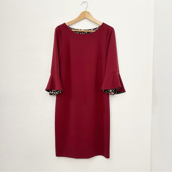Liz Claiborne Dresses & Skirts - Liz Claiborne Maroon Sheath Dress with Peekaboo Leopard Print Bell Sleeves